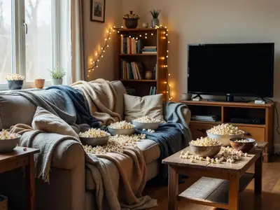 A cosy living room set up for a movie night with popcorn bowls and blankets on the sofa.