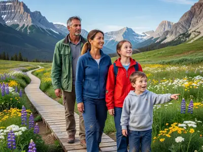 A family hiking on a boardwalk trail through a mountain meadow.
