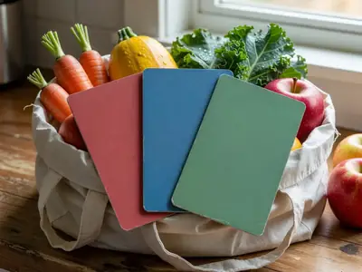 Three plain loyalty cards in different colours fanned out on top of a reusable grocery bag full of produce.