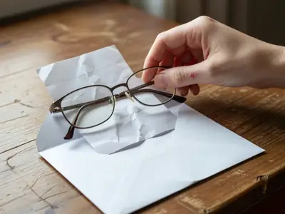 A hand placing a pair of prescription eyeglasses and a plain receipt into an envelope.