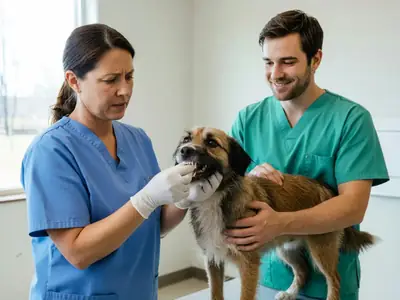 A vet looking at a dog's teeth while a vet tech gently holds the dog.