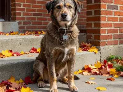 A dog wearing a collar with a blank metal tag sitting on a front step.