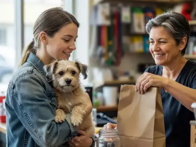A young woman at a pet store checkout counter holding her small dog in her arms while a smiling staff member hands her a plain brown paper bag.