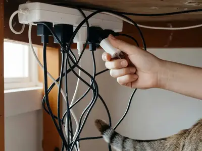 A hand unplugging several chargers from a power bar under a desk.