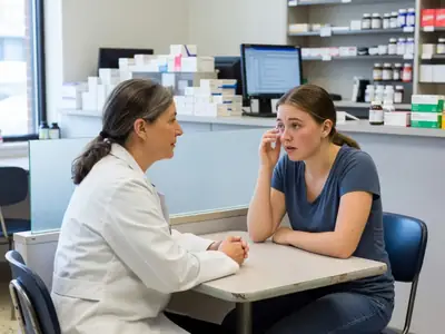 A pharmacist talking with a young woman in a private consultation area, the woman describing an itchy eye.