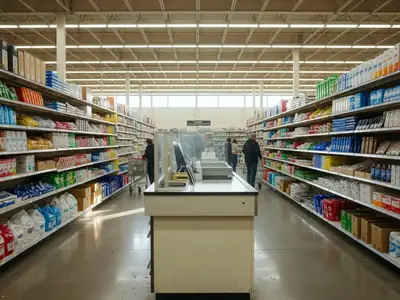A warehouse store's pharmacy counter at the end of a wide aisle.