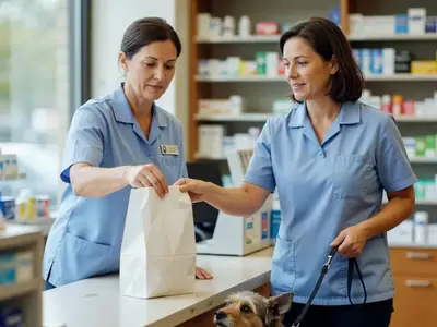 A pharmacist handing a white bag to a woman with a small dog on a leash at the counter.