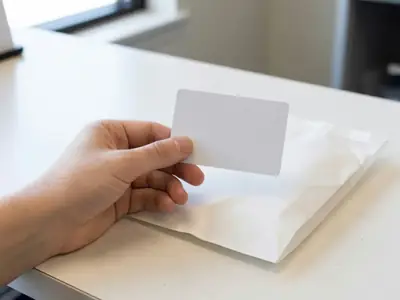 A hand holding a blank loyalty card next to a white prescription bag on a pharmacy counter.