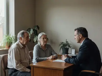 An older couple meeting with a funeral director in a calm office.