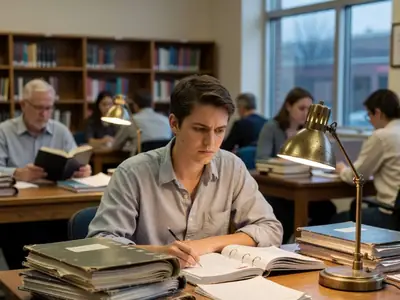 A young professional studying for an accounting exam at a library desk with thick binders.