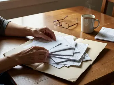 Hands sorting household bills into a plain accordion folder on a dining table.