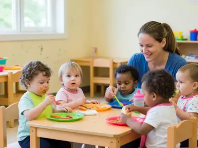 Toddlers eating lunch at a small table in a daycare with an educator.