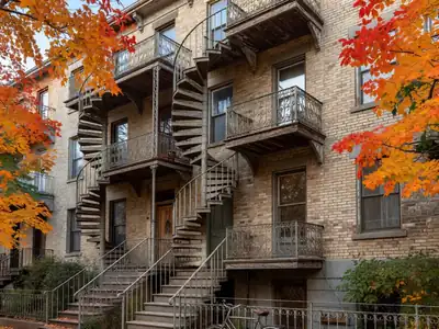 A classic Montréal triplex with exterior spiral staircases and wrought-iron balconies.