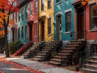 A classic Montreal residential street with colourful row houses and iconic curving outdoor staircases.