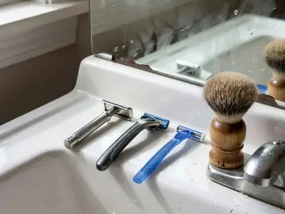 A safety razor, a cartridge razor and a disposable razor lined up on a sink edge.