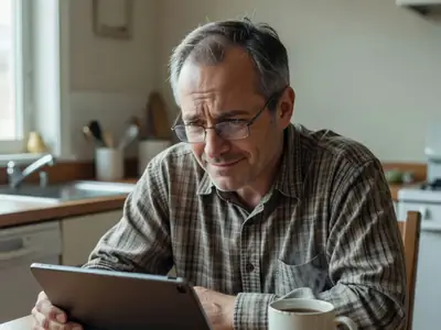 A man in his fifties reading glasses on, looking closely at a tablet on his kitchen table with a puzzled then understanding expression.