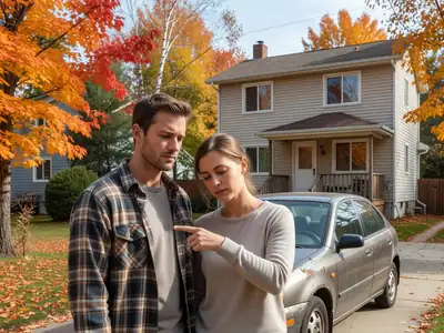 A couple in their thirties standing by their modest compact car in a driveway, the woman pointing at the car thoughtfully.