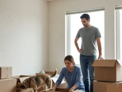 A young couple unpacking in a new apartment while their dog explores the empty rooms.