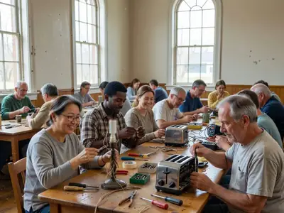 Volunteers fixing a lamp and a toaster at tables in a community repair café.