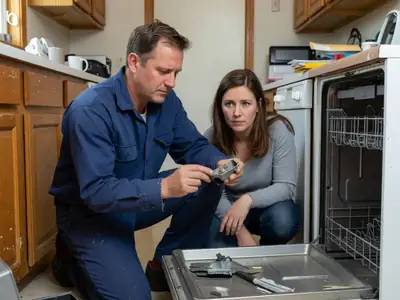 An appliance repair technician kneeling beside an open dishwasher showing a worn part to a homeowner.