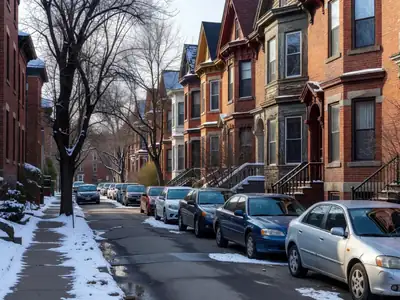 A narrow residential street lined with parked cars beside Victorian row houses.