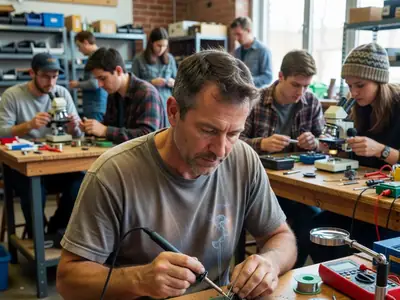 A man soldering a small circuit board at a community repair workshop.