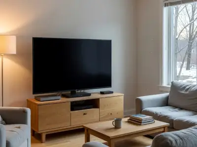 A modern living room with a large TV turned off, a sleek modem and a streaming box on the console.