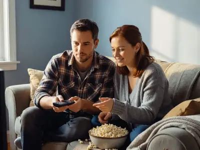 A couple on a sofa choosing what to watch, the man holding a remote.