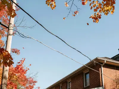 Two overhead cables, one black and one white, running from a pole to the corner of a brick house.
