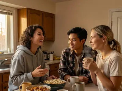 Three roommates in their twenties chatting around a kitchen island, one laughing.