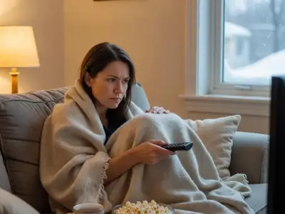A woman curled up on a sofa under a blanket holding a plain TV remote, deciding what to watch.