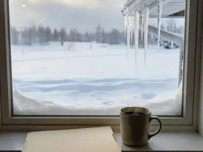 A snowy February morning view through a kitchen window, a mug of coffee and a closed folder on the windowsill.