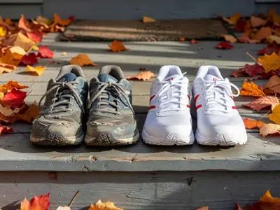A worn-out pair of running shoes next to a new pair on a porch step.