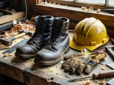 A pair of leather safety boots on a workshop bench beside a hard hat and work gloves.