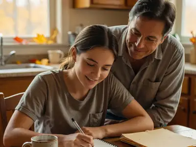 A high school student sitting at a kitchen table writing a scholarship essay by hand in a notebook while a parent reads over her shoulder.