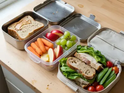 Three packed lunch boxes with sandwiches, fruit and veggies on a kitchen counter.