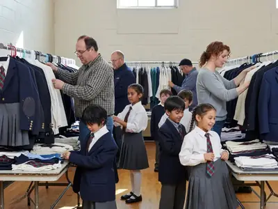 Parents browsing racks of used school uniforms at a school gym sale.