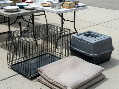 A used dog crate, a folded pet bed and a carrier on a driveway at a garage sale.