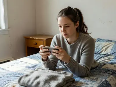 A young woman photographing a folded sweater on a bedspread to sell online.