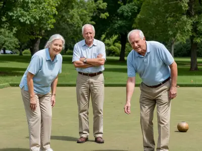 Seniors playing a friendly game of lawn bowling.