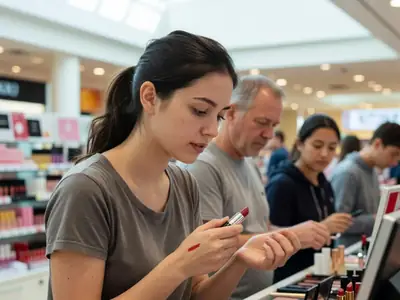 A young woman browsing a makeup counter in a beauty store, testing a lipstick on her hand.