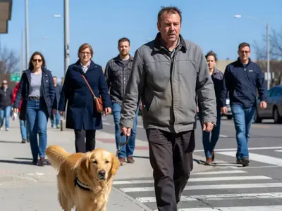 A visually impaired man walking with his guide dog on a city sidewalk.