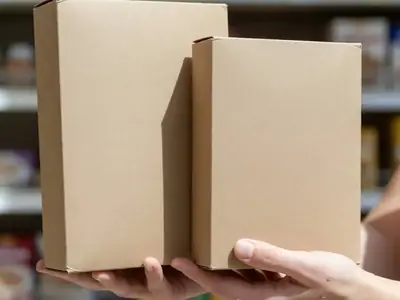Close-up of hands holding two plain cereal boxes of the same design but different sizes side by side.