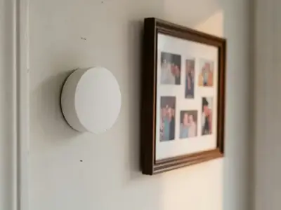 A plain round smart thermostat on a hallway wall beside a family photo frame with blurred photos.