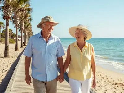 A retired Canadian couple in their seventies walking hand in hand along a sunny beach boardwalk.