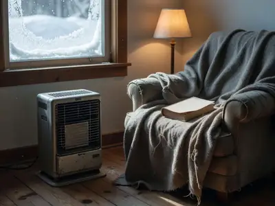 A small oil-filled space heater on a wooden floor beside an armchair with a blanket and a book.