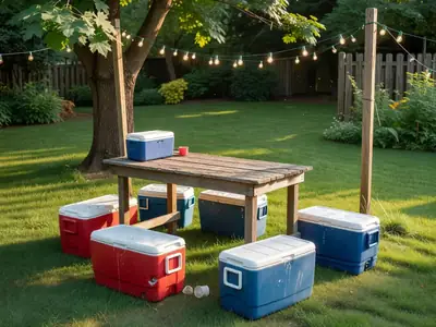 A backyard party setup with a bar table, coolers and string lights before guests arrive.