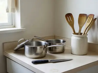 A modest kitchen with a basic set of pots, a chef's knife and wooden utensils in a crock.