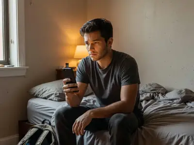 A young man sitting on the edge of his bed looking at his phone with a worried expression.