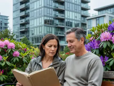 A couple sitting on a bench outside a strata condo building, the woman thoughtfully holding a thick closed binder.